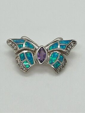 Vtg 925 Sterling Silver Blue Lab Opal Amethyst CZ Butterfly Pendant